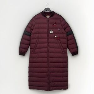 AMII Womens Maxi Puffer Coat XXL Burgundy Quilted Bomber Style Patches Urban Art